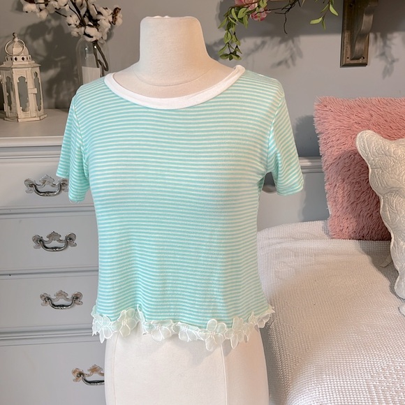 Living Doll Knit Crop Top Aquarium Stripe Shirt Womens XS - Picture 2 of 6